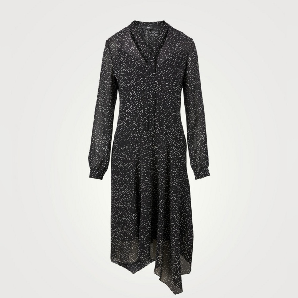 Theory black long-sleeve, polka-dot dress handkerchief hem tie neck Silk SZ8